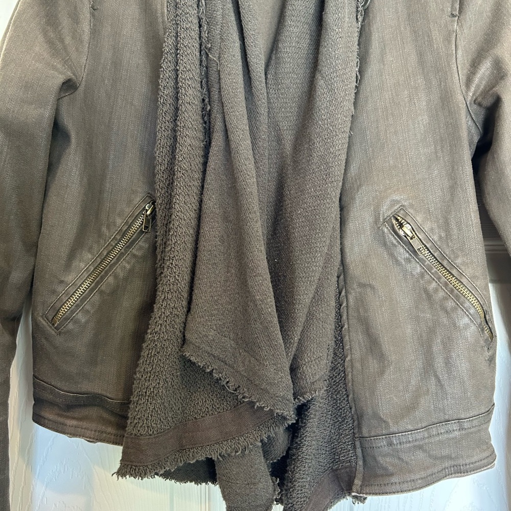 Free People Drape Front Coated Denim Moto Jacket | Olive/Green | Size 10 - Picture 7 of 14